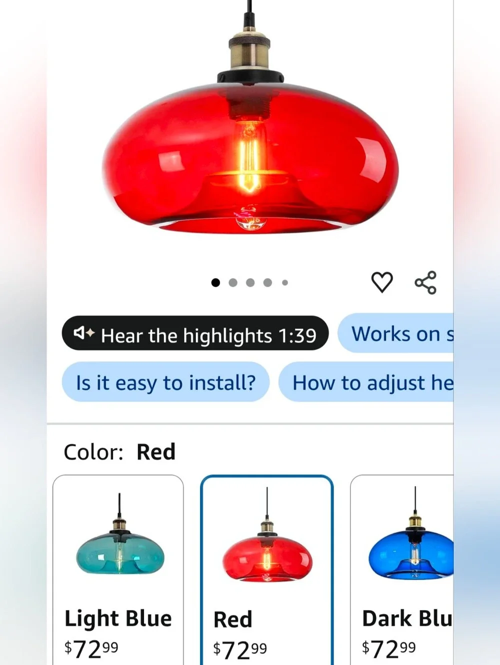 Red Glass Hanging Bulb Pendant Light   NIB